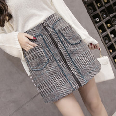 Autumn and winter skirt 2017 ladies fashion Plaid Button double pocket color high waisted A-line a skirt S blue