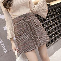 Autumn and winter skirt 2017 ladies fashion Plaid Button double pocket color high waisted A-line a skirt S Coffee color