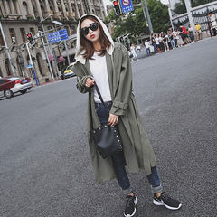 The wind in Hong Kong long windbreaker female knee 2017 spring new Korean BF fashion loose hooded jacket chic tide S Pale green