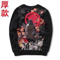 Every winter wind Chinese thick section special offer Mens loose sweater coat size Japanese embroidery carp head - set M (rich fish) Sakura fish - Black (with thick velvet)