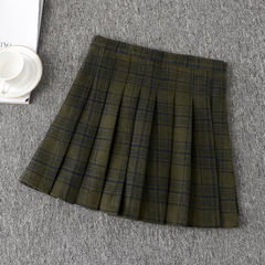 2017 New Wool Plaid Skirt female waist skirt, Korean winter wind A word winter skirt XS Army green plaid (999 wool tweed)