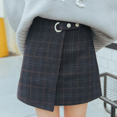 Korean retro thin Wool Plaid Skirt female and irregular woolen skirt all-match bag hip a word skirt S Navy Blue