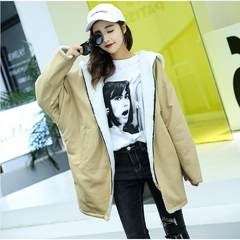 Autumn and winter long hair coat lamb Girls College Students wind winter cotton thickened loose coat BF Korea S Khaki