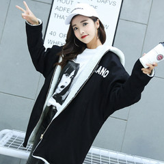 Autumn and winter long hair coat lamb Girls College Students wind winter cotton thickened loose coat BF Korea S black