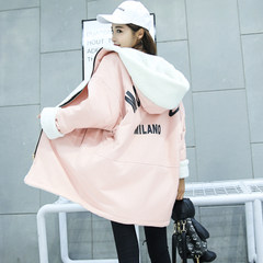 Autumn and winter long hair coat lamb Girls College Students wind winter cotton thickened loose coat BF Korea S Pink