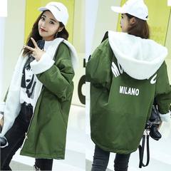 Autumn and winter long hair coat lamb Girls College Students wind winter cotton thickened loose coat BF Korea S Army green