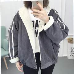 Autumn and winter long hair coat lamb Girls College Students wind winter cotton thickened loose coat BF Korea S Grey lamb hair