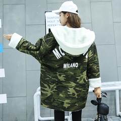 Autumn and winter long hair coat lamb Girls College Students wind winter cotton thickened loose coat BF Korea S Camouflage green