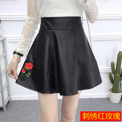 In the autumn of 2017 new PU leather skirt A A-line dress stitching umbrella skirt small leather skirt waist slim skirt skirt S Embroidered roses 313