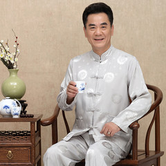 The elderly man in the spring and Autumn Chinese Kung Fu Long Sleeved suit Chinese Pankou wind silk national tai chi clothing 170 (suit) gray
