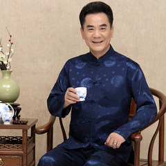 The elderly man in the spring and Autumn Chinese Kung Fu Long Sleeved suit Chinese Pankou wind silk national tai chi clothing 170 (suit) Navy Blue