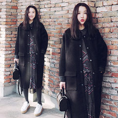 2017 new winter baseball collar woolen coat girls long Korean student wool coat loose cocoon XS less than 95 black
