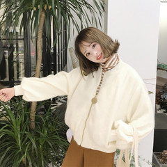 Autumn ladies college wind loose short Korean baseball uniform thick wool coat woolen jacket coat students F White rice without cotton