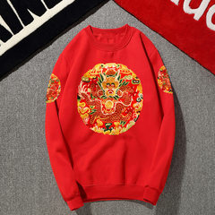 2017 China autumn wind rich men's embroidered long sleeved casual sweater slim young carp retro T-shirt trend M gules