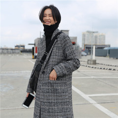 Inside the silk floss! Houndstooth collar suit coat a button loose long coats 2 pieces of clothes S gray