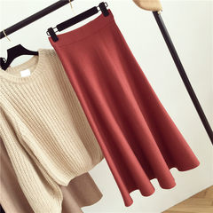 Autumn Korean New Women's waist loose thin solid all-match a knitted skirt skirt dress F rust