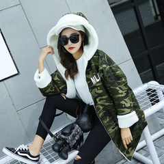 The wind BF lamb hair thickening Korean students in the long section of cotton soft sister school all-match Harajuku winter coat female tide S Camouflage green