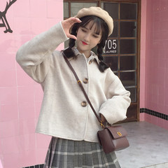 Autumn ladies Japanese soft sister loose and long sleeve wool tweed coat ulzzang short student all-match woolen coat F gray