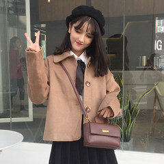 Autumn ladies Japanese soft sister loose and long sleeve wool tweed coat ulzzang short student all-match woolen coat F Coffee color