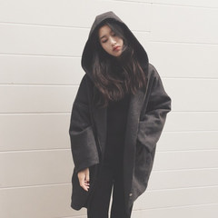 2017 Korean winter women's new loose in the long hooded thick woolen coat student wool coat tide F Dark grey