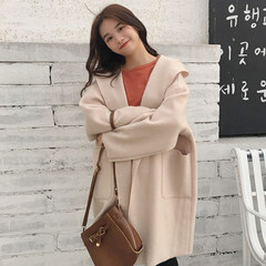 Hitz Korean minimalism loose thin all-match hooded long sleeved cardigan jacket in the long section of female students F Khaki