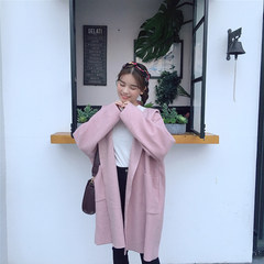 Hitz Korean minimalism loose thin all-match hooded long sleeved cardigan jacket in the long section of female students F Pink