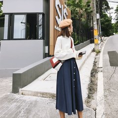 Once Xiaoxian fall fashion dress female bust waist skirt all-match Korean A word skirt in the long skirt S dark blue