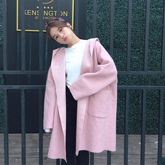 Autumn ladies Korean loose solid in the long hooded wool coat lapel woolen coat tide students F Pink