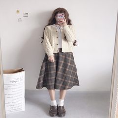 Autumn new women's Japanese soft sister wool A-line skirt waist lattice A thin irregular dress skirt F Coffee