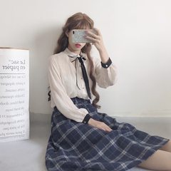 Autumn new women's Japanese soft sister wool A-line skirt waist lattice A thin irregular dress skirt F Navy