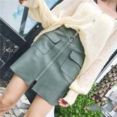 Hitz Korean high waisted slim package hip skirt leather skirt zipper ring A small leather skirt female S Green grey