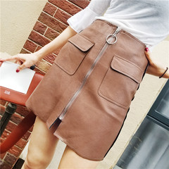 Hitz Korean high waisted slim package hip skirt leather skirt zipper ring A small leather skirt female S Coffee