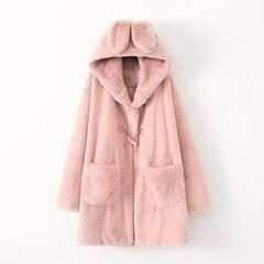 2017 winter new women's long sleeved coat, plush plush horn button, long fur coat XS Cotton plus velvet Pink