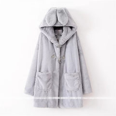 2017 winter new women's long sleeved coat, plush plush horn button, long fur coat XS Cotton plus cashmere grey