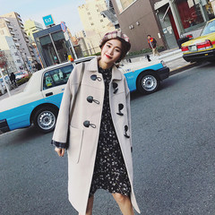 Girls long woolen coat Korean 2017 new ulzzang Harajuku wind horn button wool winter coat S Apricot