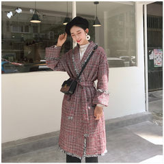 Hanfeng Chic winter coat woolen woven Plaid tassel Lace Waist slim thin wool coat F gules