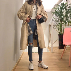 The spring and autumn wind in Hong Kong Pu Zhengyi Korean long sleeved long coat chic knee loose coat all-match female students XS Khaki sale