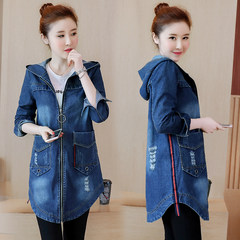 Windbreaker coat female autumn 2017 medium long temperament hooded Korean version loose student long sleeve jeans coat 3XL blue