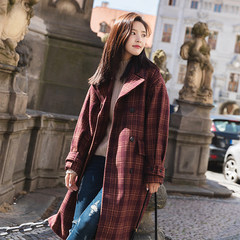 Plaid wool tweed coat girls long Korean 2017 new autumn and winter coat thick loose Korean Students S Red Plaid