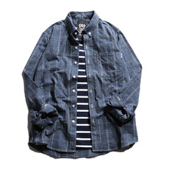 Japanese Harajuku retro Plaid Shirt male autumn cotton shirt backing student tide brand leisure coat S blue