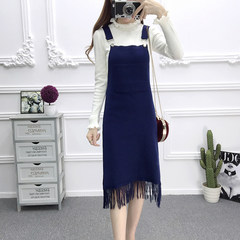 Strap skirt, autumn and winter long sleeveless skirt, female 2017 Korean version, new step skirt, suspender knitted dress, winter F Dark blue 929