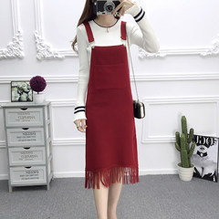 Strap skirt, autumn and winter long sleeveless skirt, female 2017 Korean version, new step skirt, suspender knitted dress, winter F Wine red 929