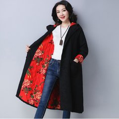 2017 new winter Liling Pankou printing long cardigan coat comfortable warm coat dress jacquard M [suggestion 120 Jin] Black thickening [0352]