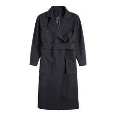 Tie waist coat girls long 2017 new winter coat knee long temperament loose autumn jacket XS Black shipped on 7 working days