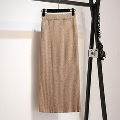 Knitting skirt in the long autumn 2017 new female bag hip high waist skirt slit thick winter, Mao Xianqun Medium length (65CM) Apricot
