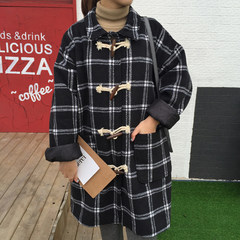 Korean autumn ladies Lapel button loose Plaid wool tweed coat in the long section of students thick woolen coat F Picture color