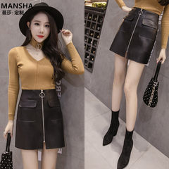 Hong Kong flavor chic leather skirt female autumn 2017 new pocket zipper slim waisted A-line a bag hip skirt S black