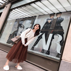 Lin Shanshan Hitz 2017 Korean chic all-match high waisted pleated gauze placed in the long skirt L code Fluffy skirt - coffee color (spot)