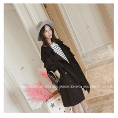 In the autumn of 2017 new Korean double breasted tie long windbreaker female British style leisure loose knee coat S black
