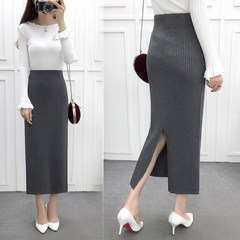 In autumn and winter long after the split knitting bag skirt bag hip skirt slim dress female high waisted skirt step skirt F Dark grey